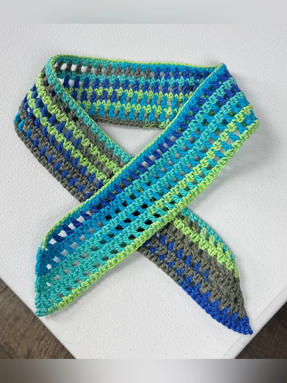 Handmade Crochet Tie Headband in Teal, Blue, Green & Gray
